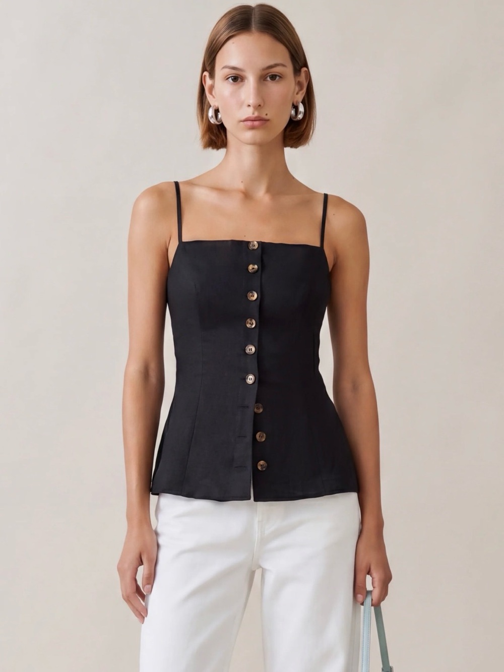 Kourt Cecille linen Black Button-Front Spaghetti-Strap Cami